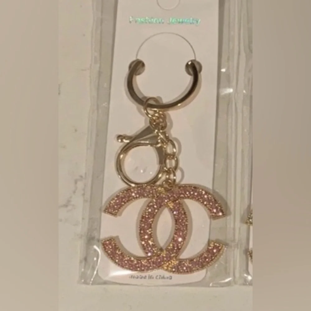 Gold-Tone Pink Crystal CC-Style Keychain